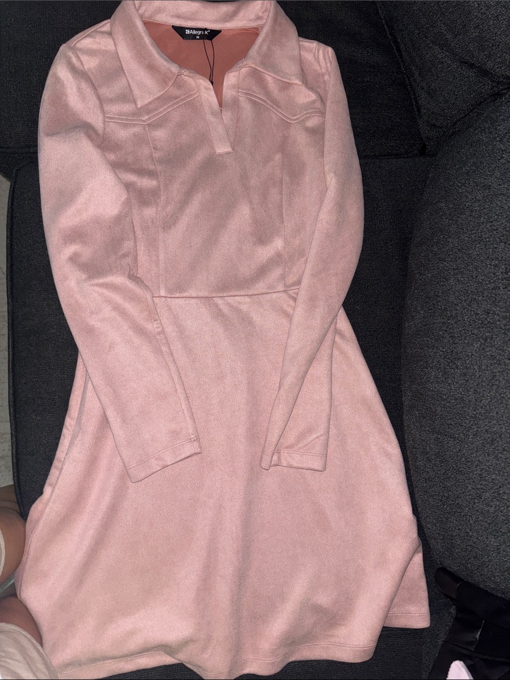 Allegra K Pale Pink Long-Sleeve Collared A-Line Dress